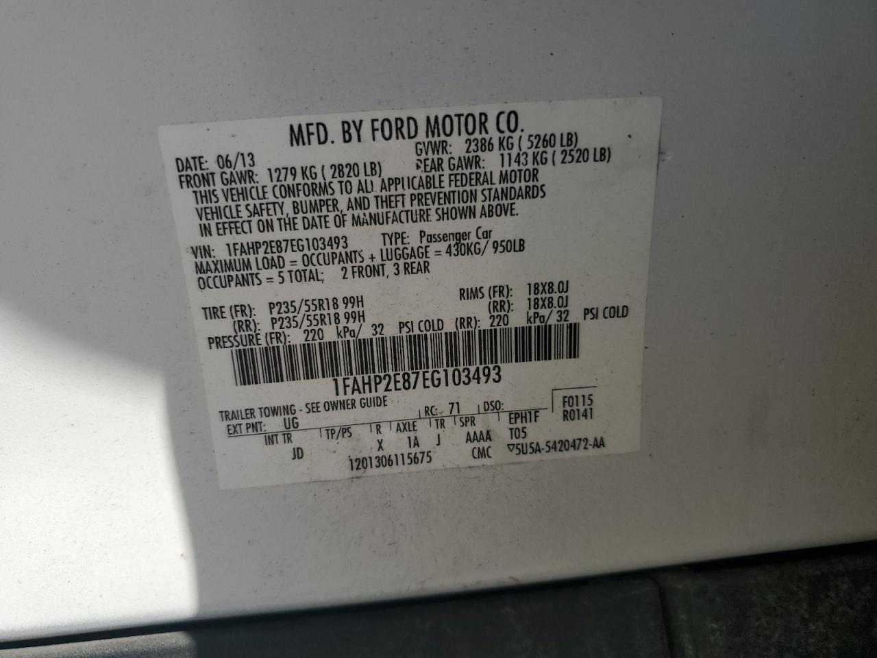 2014 Ford Taurus Sel VIN: 1FAHP2E87EG103493 Lot: 64767945