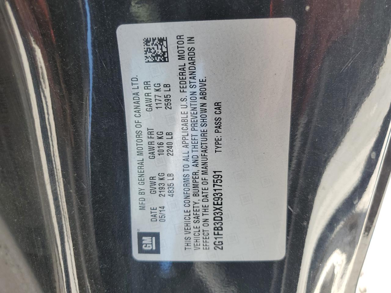 2014 Chevrolet Camaro Lt VIN: 2G1FB3D3XE9317591 Lot: 65029965