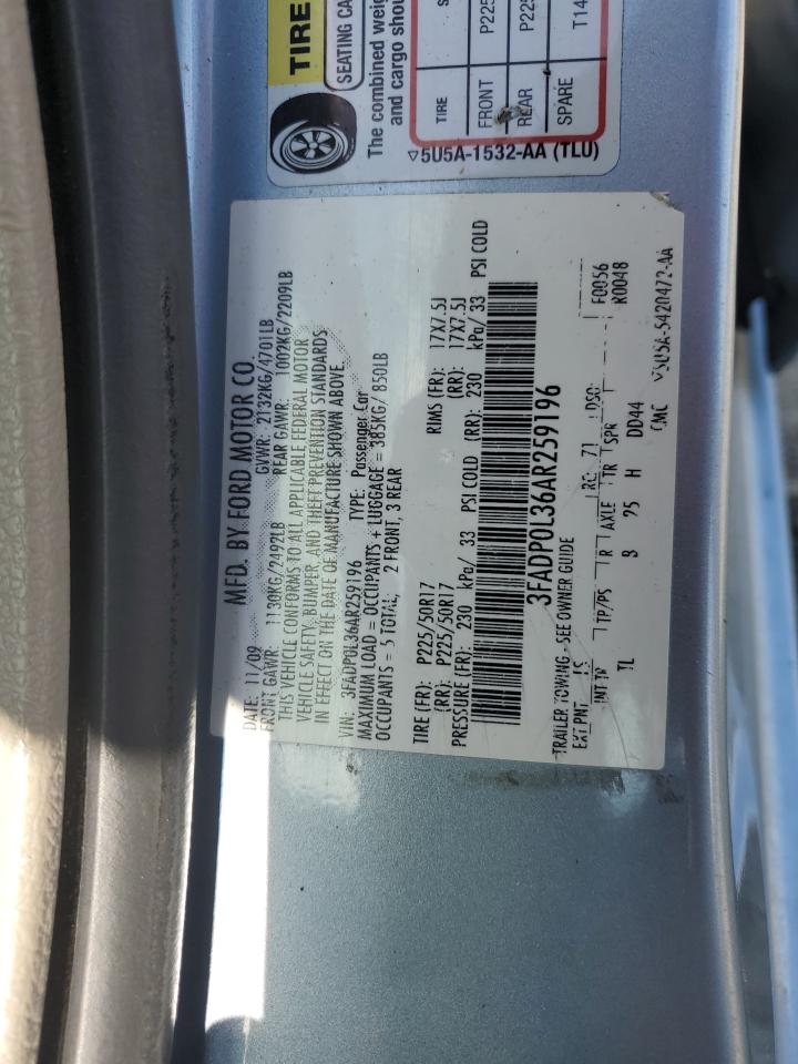 2010 Ford Fusion Hybrid VIN: 3FADP0L36AR259196 Lot: 64989395