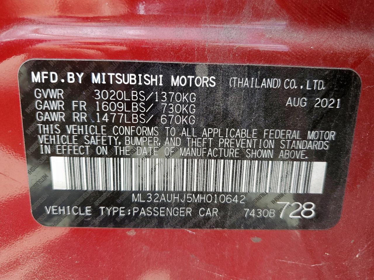 2021 Mitsubishi Mirage Es VIN: ML32AUHJ5MH010642 Lot: 64478075