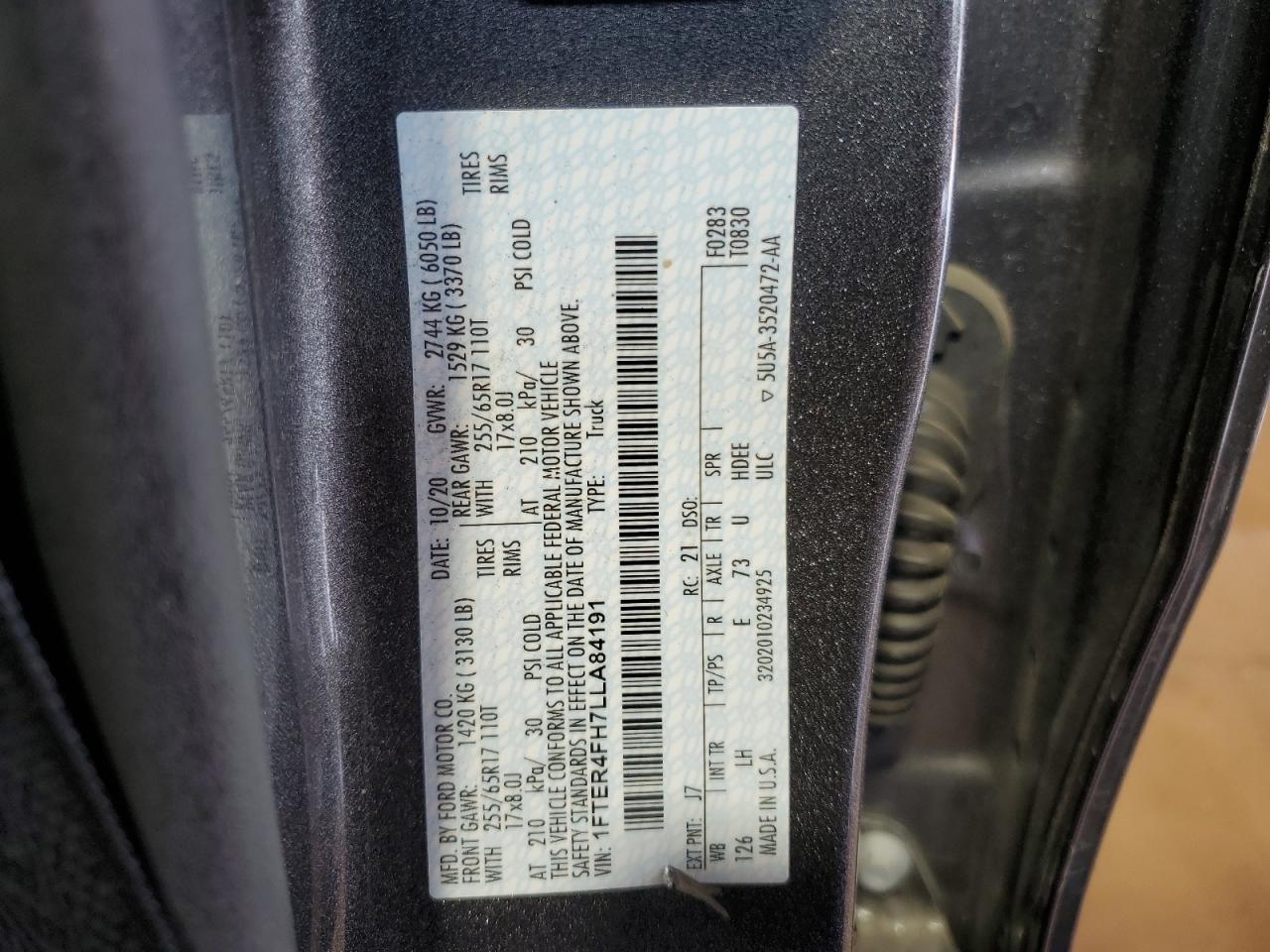 2020 Ford Ranger Xl VIN: 1FTER4FH7LLA84191 Lot: 66844155