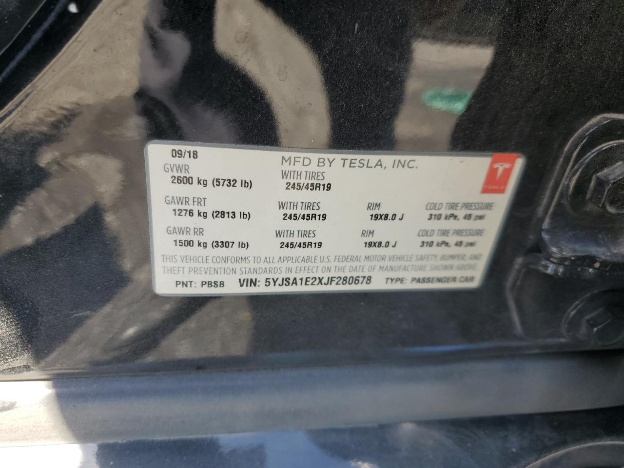 2018 Tesla Model S VIN: 5YJSA1E2XJF280678 Lot: 64057735