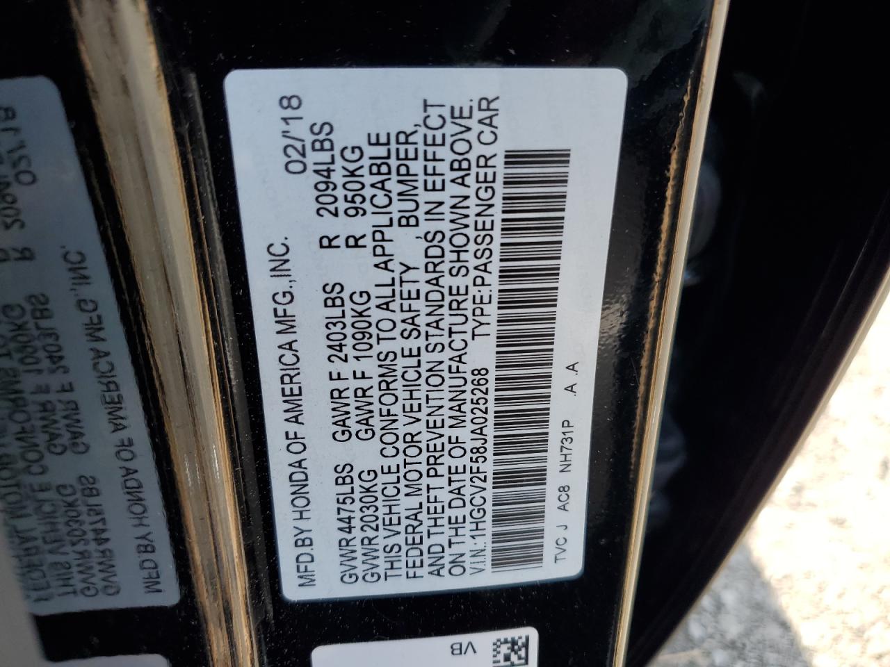 2018 Honda Accord Exl VIN: 1HGCV2F58JA025268 Lot: 65326055