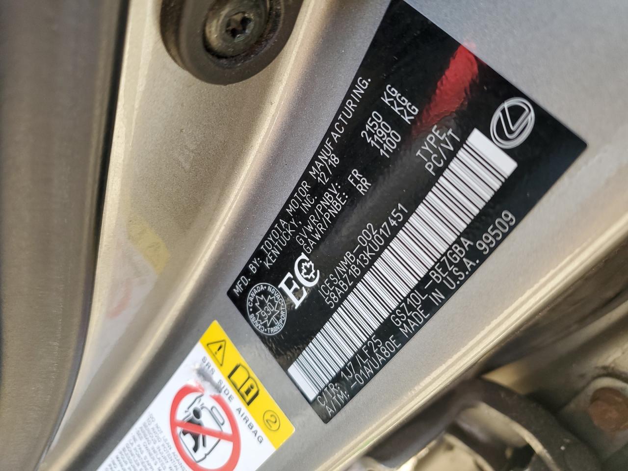 2019 Lexus Es 350 VIN: 58ABZ1B13KU017451 Lot: 63598545