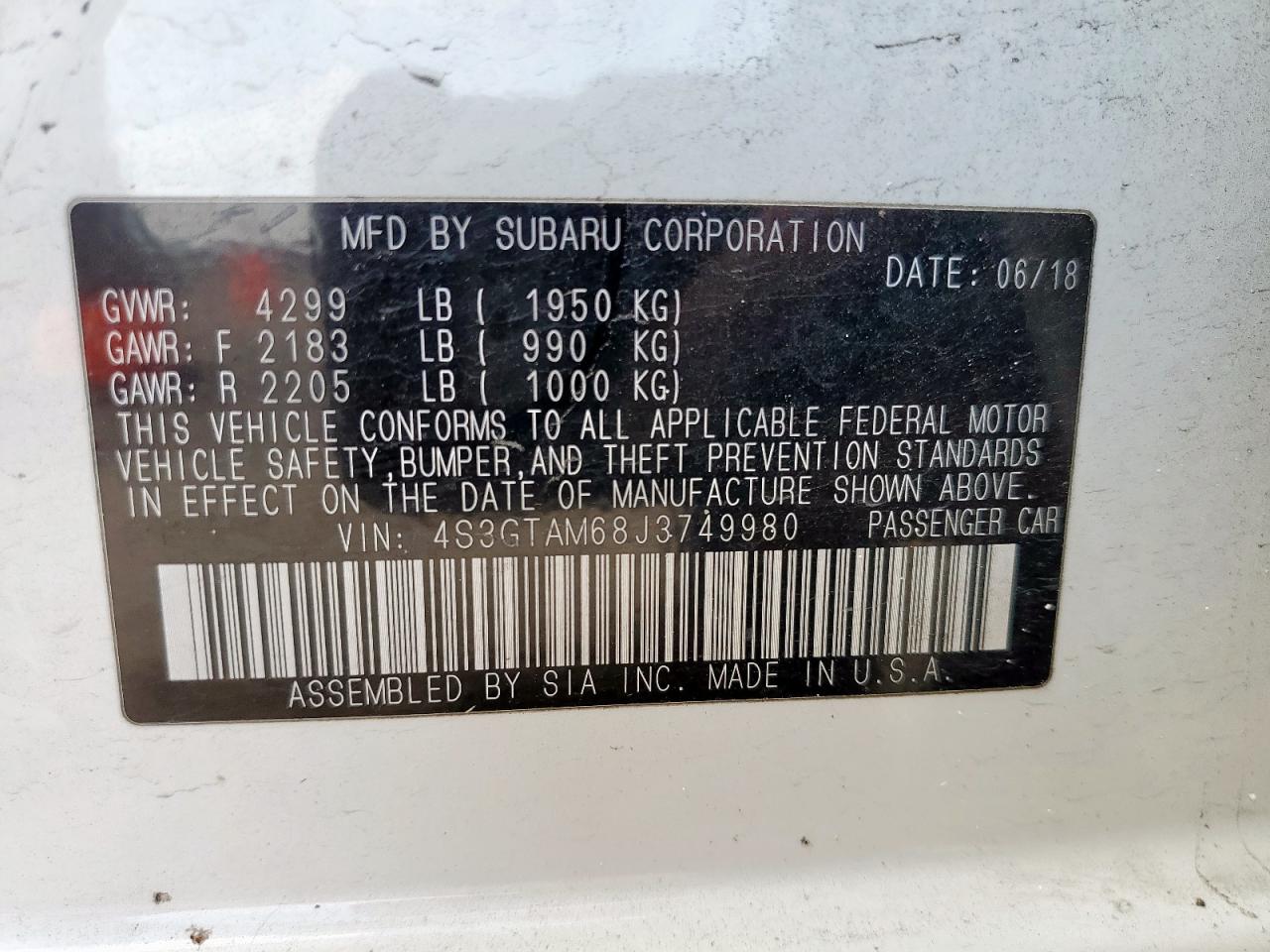 2018 Subaru Impreza Sport VIN: 4S3GTAM68J3749980 Lot: 63988955