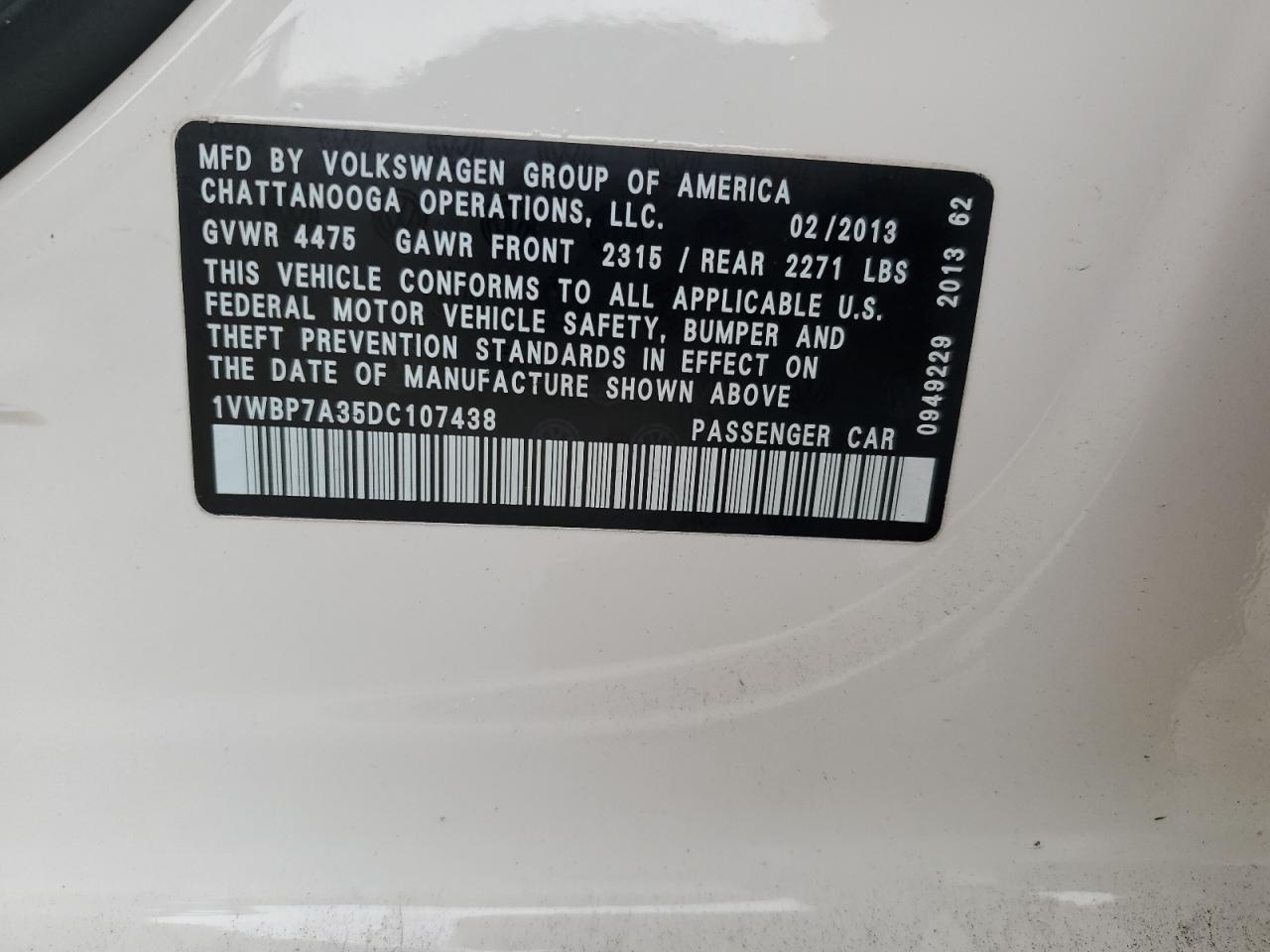 2013 Volkswagen Passat Se VIN: 1VWBP7A35DC107438 Lot: 61307545