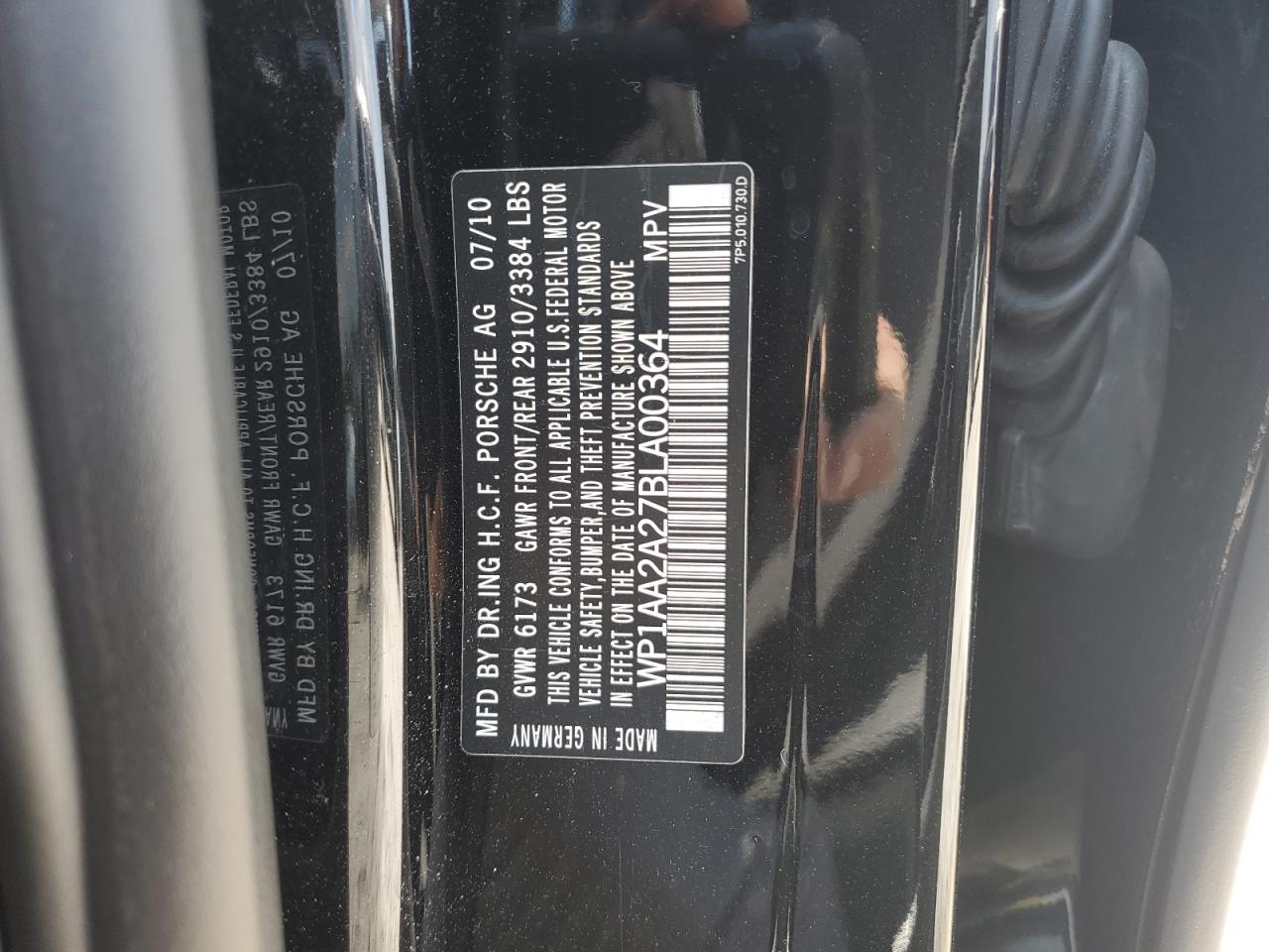 2011 Porsche Cayenne VIN: WP1AA2A27BLA00364 Lot: 63630765