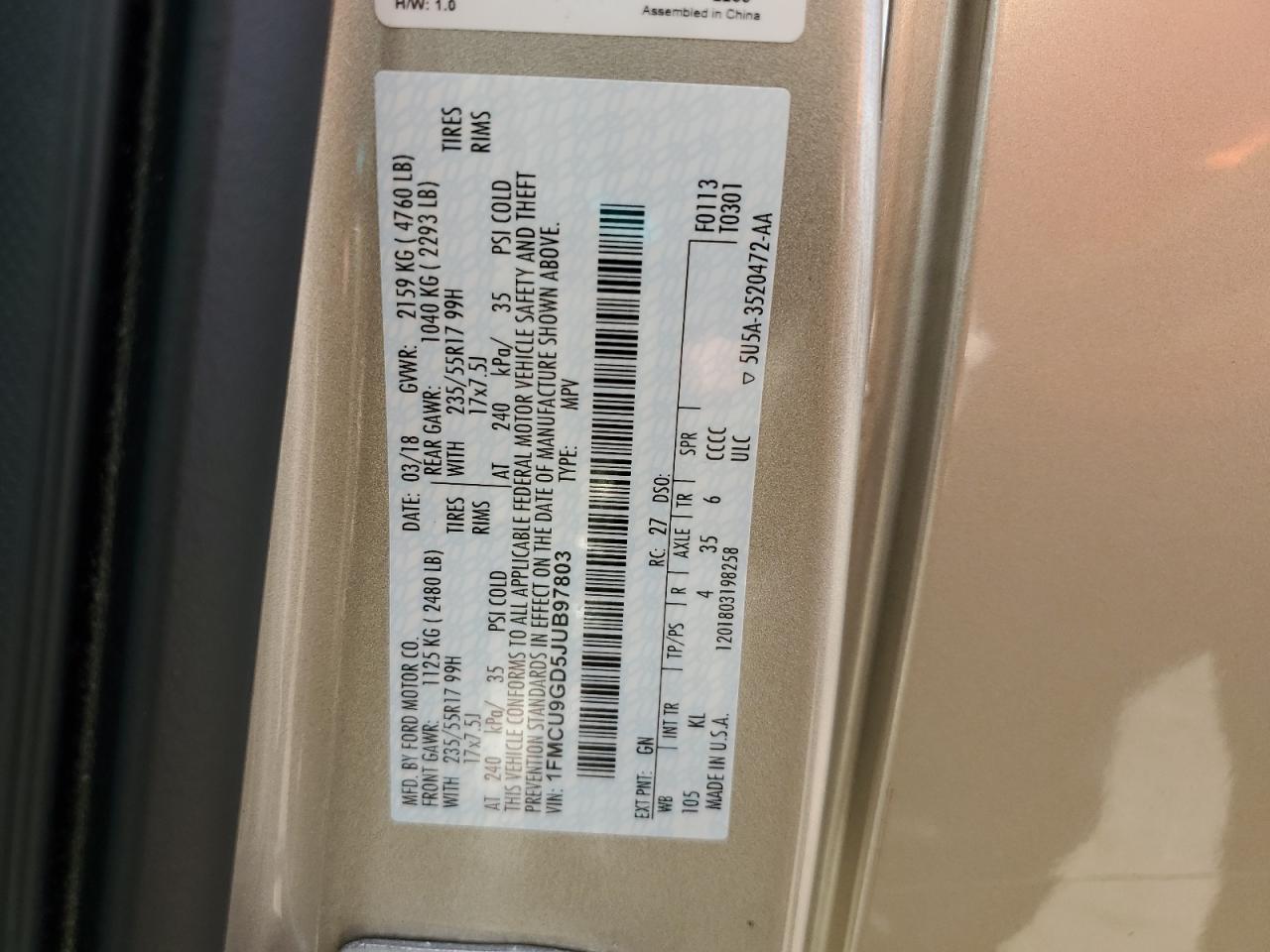 2018 Ford Escape Se VIN: 1FMCU9GD5JUB97803 Lot: 63331725