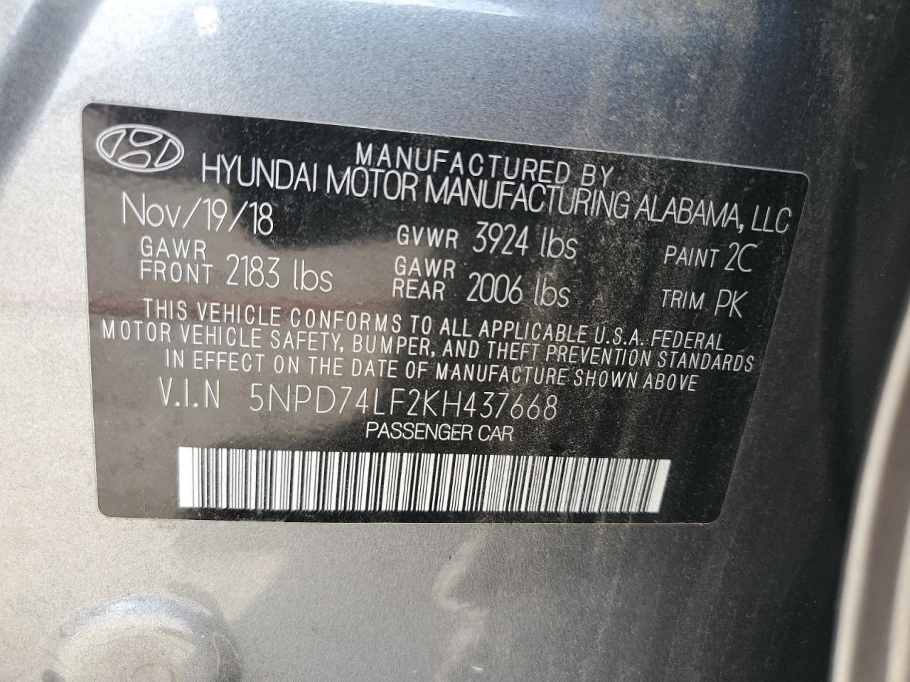2019 Hyundai Elantra Se VIN: 5NPD74LF2KH437668 Lot: 65554895