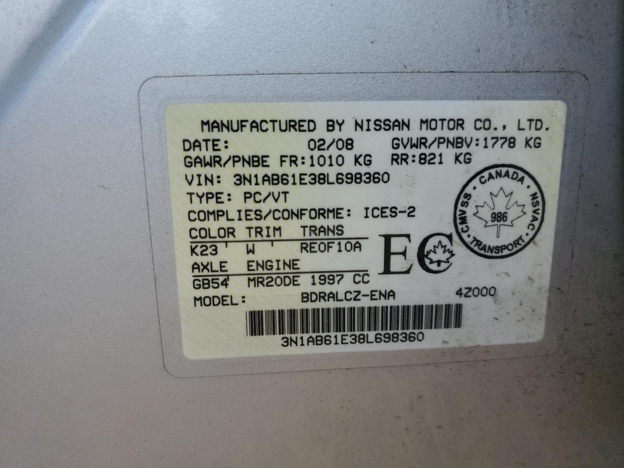 2008 Nissan Sentra 2.0 VIN: 3N1AB61E38L698360 Lot: 66905055