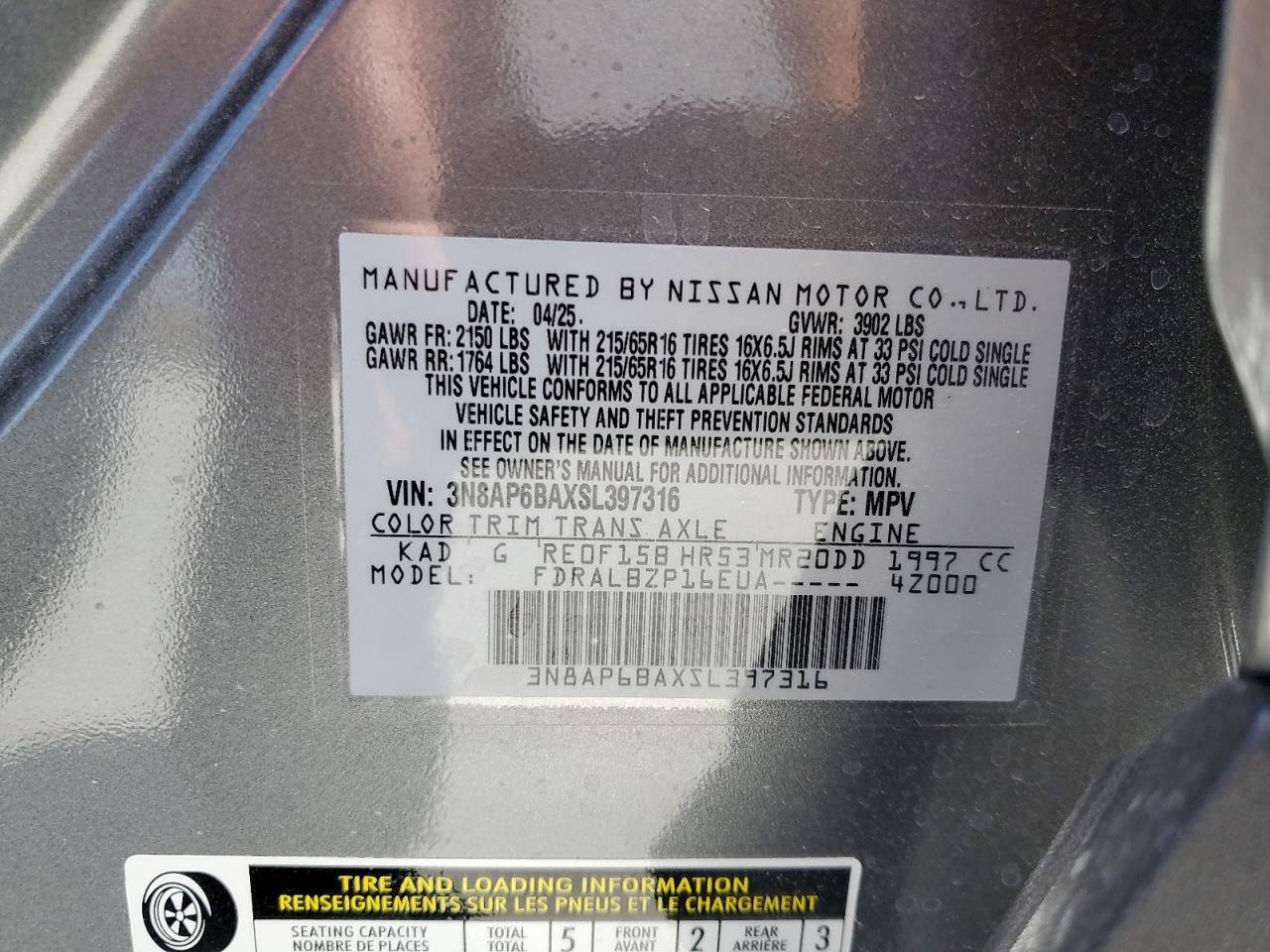 2025 Nissan Kicks S VIN: 3N8AP6BAXSL397316 Lot: 63202765