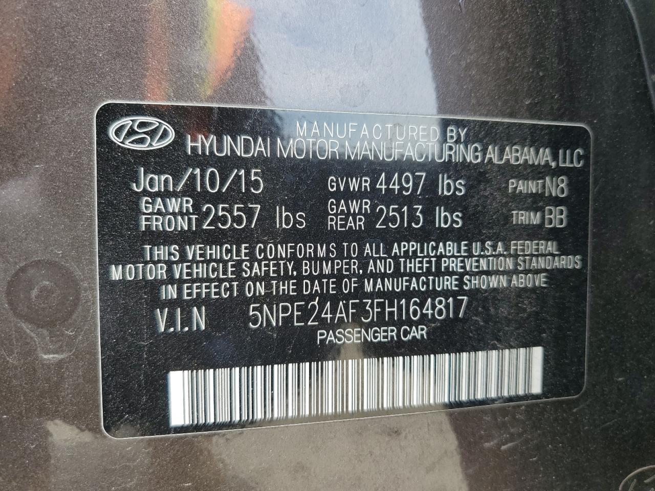 2015 Hyundai Sonata Se VIN: 5NPE24AF3FH164817 Lot: 65498335