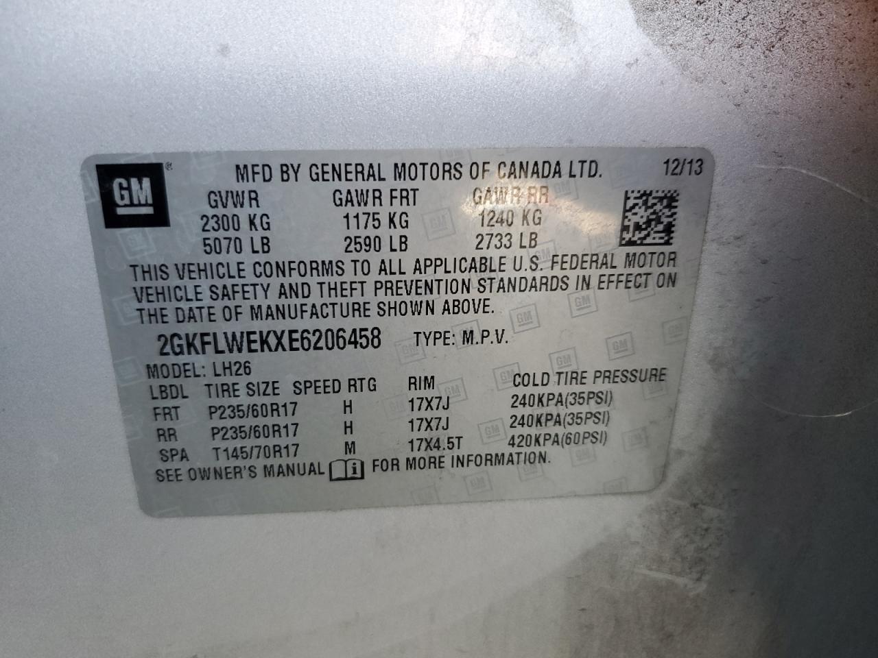 2014 GMC Terrain Sle VIN: 2GKFLWEKXE6206458 Lot: 65184265