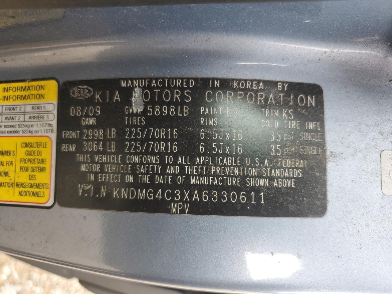 2010 Kia Sedona Lx VIN: KNDMG4C3XA6330611 Lot: 63486615