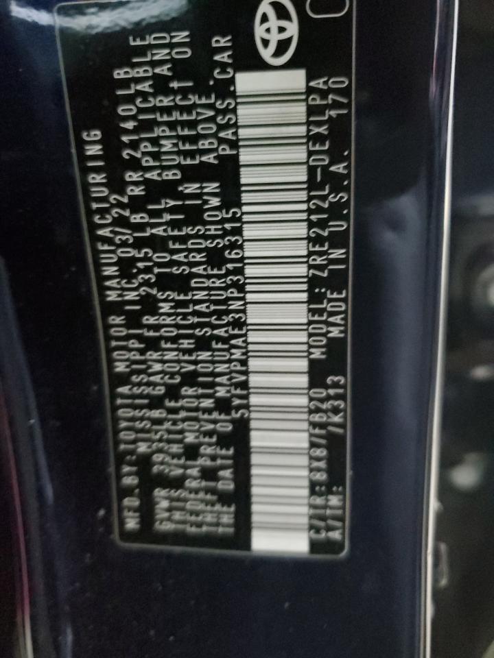 5yfvpmae3np316315 5YFVPMAE3NP316315 2022 Toyota Corolla Le