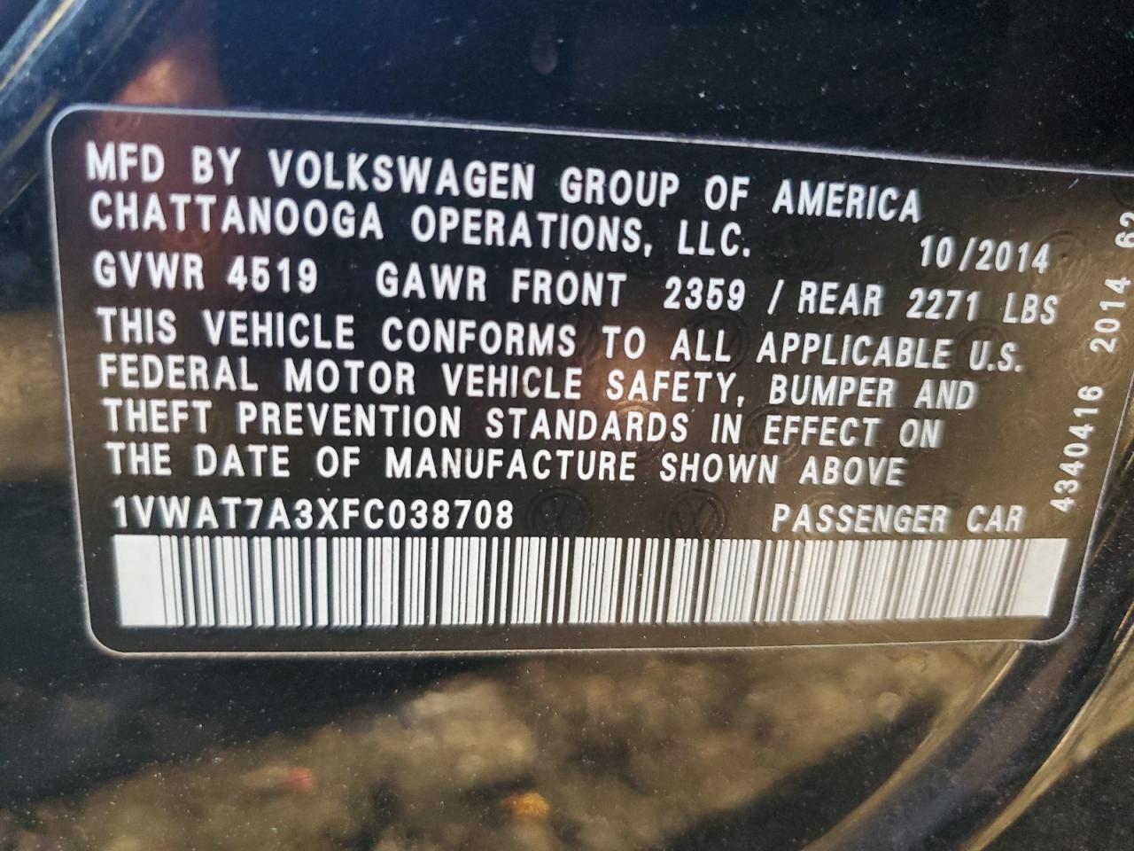2015 Volkswagen Passat S VIN: 1VWAT7A3XFC038708 Lot: 63348205