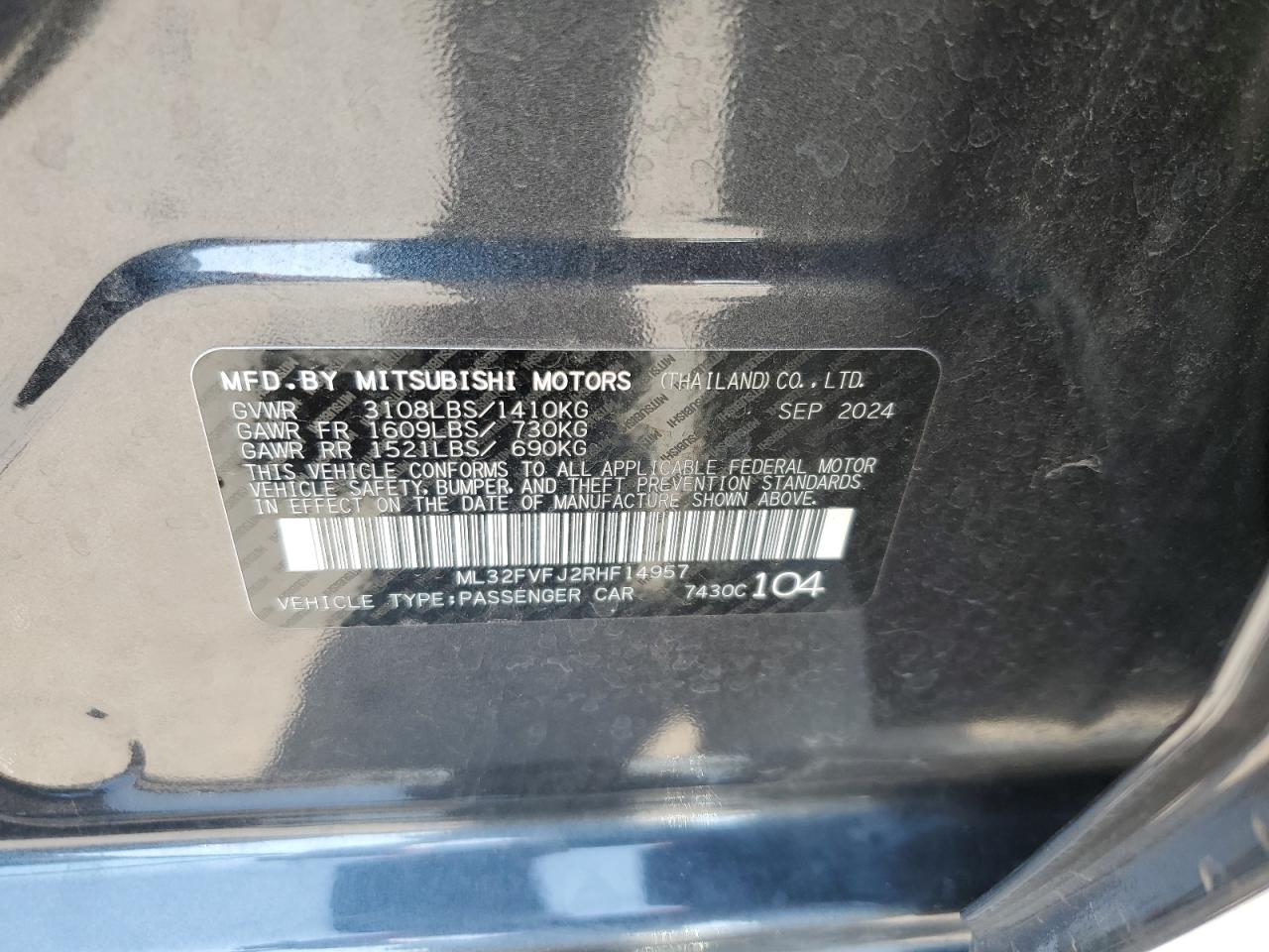 2024 Mitsubishi Mirage G4 Se VIN: ML32FVFJ2RHF14957 Lot: 66115435