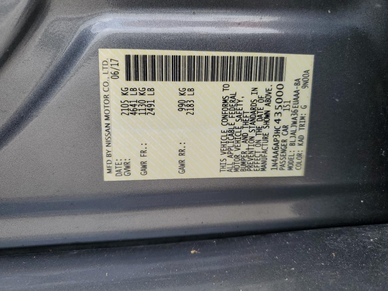 2017 Nissan Maxima 3.5S VIN: 1N4AA6AP3HC435000 Lot: 64850445