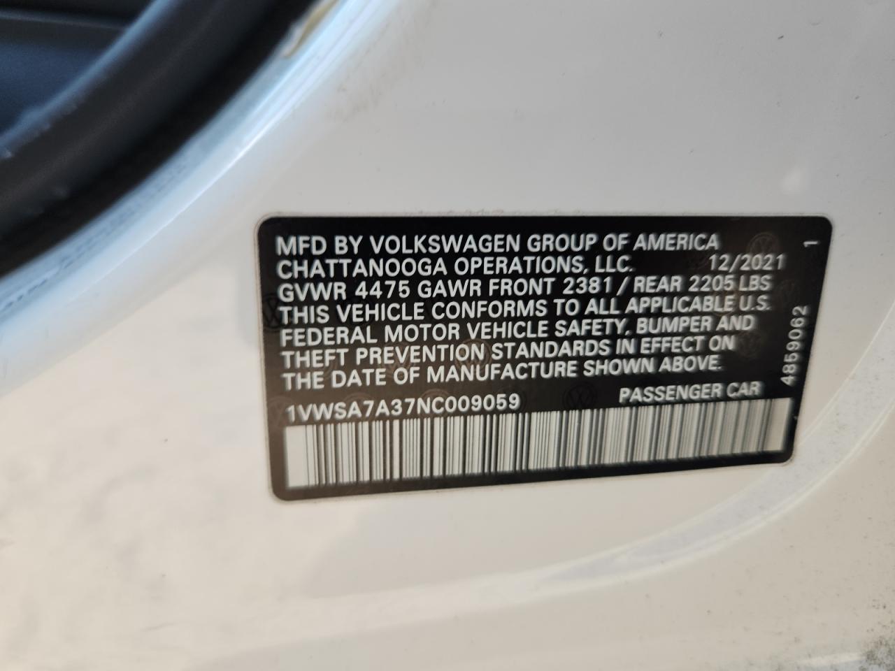 2022 Volkswagen Passat Se VIN: 1VWSA7A37NC009059 Lot: 63659405