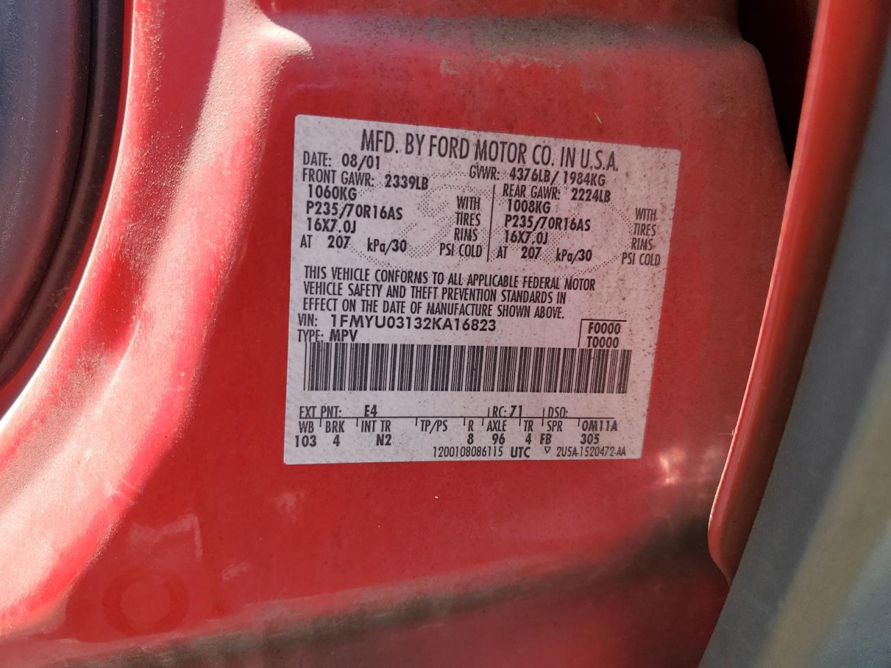 2002 Ford Escape Xlt VIN: 1FMYU03132KA16823 Lot: 64328845