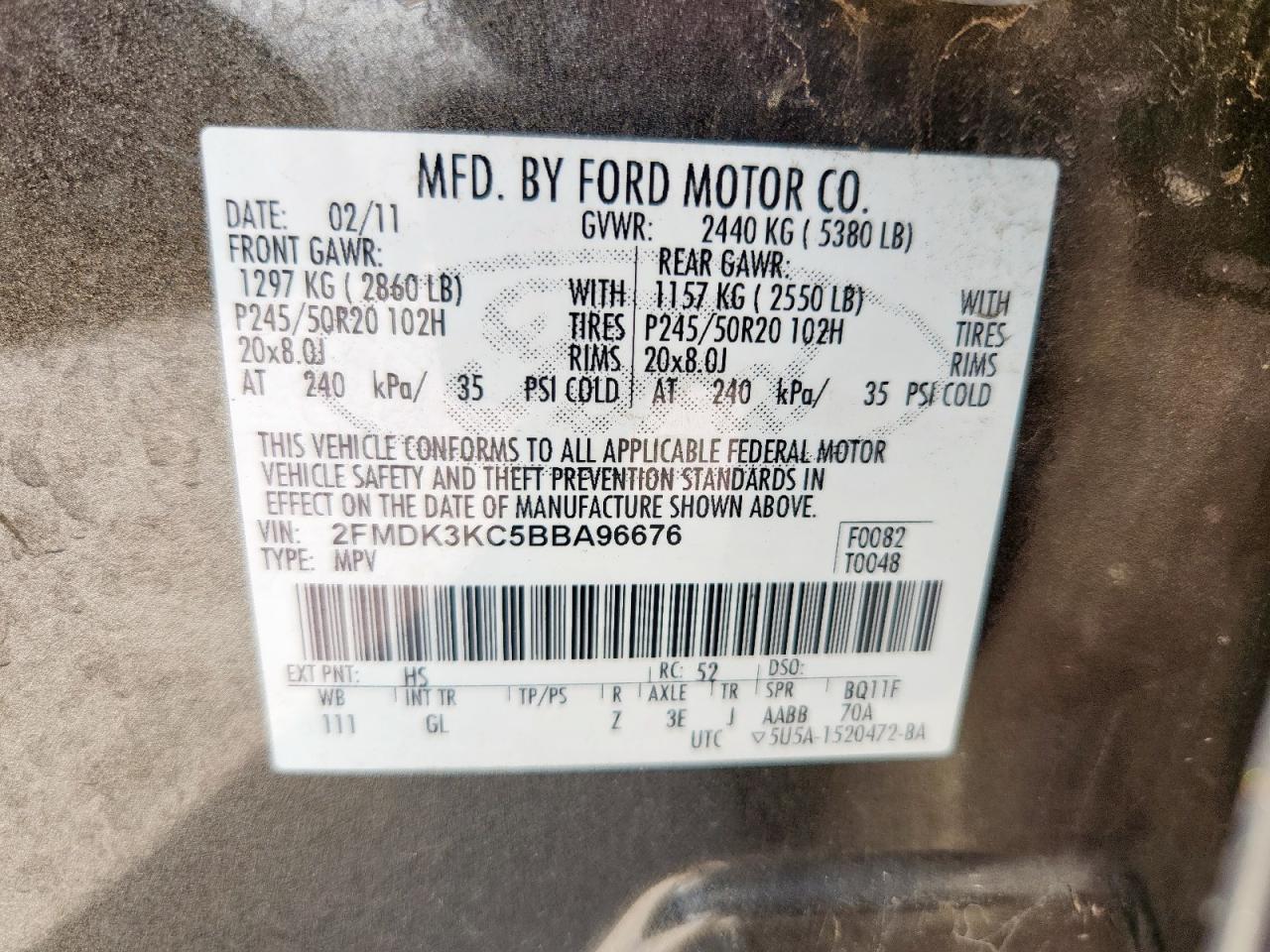 2011 Ford Edge Limited VIN: 2FMDK3KC5BBA96676 Lot: 64251705