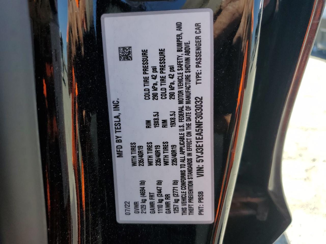 2022 Tesla Model 3 VIN: 5YJ3E1EA5NF303032 Lot: 62965265