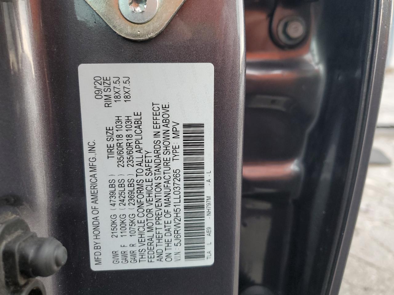 2020 Honda Cr-V Ex VIN: 5J6RW2H51LL037265 Lot: 65355015