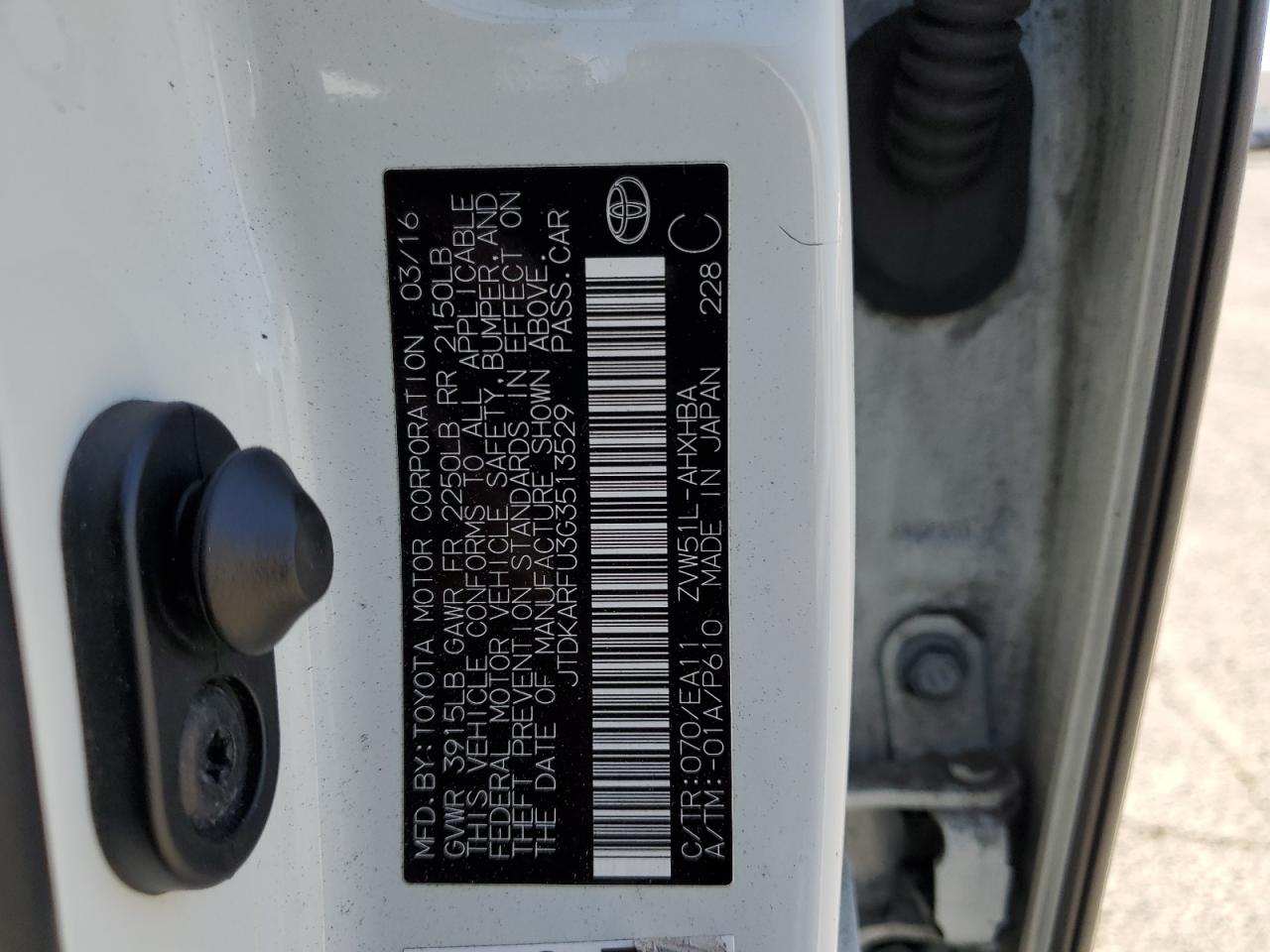 2016 Toyota Prius VIN: JTDKARFU3G3513529 Lot: 63264195