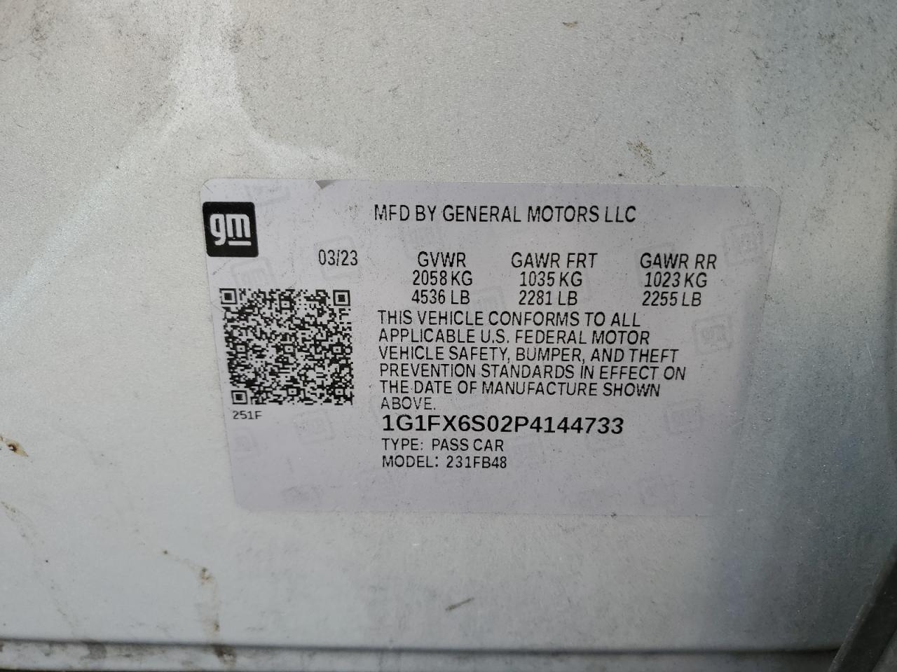 2023 Chevrolet Bolt Ev 2Lt VIN: 1G1FX6S02P4144733 Lot: 65235655