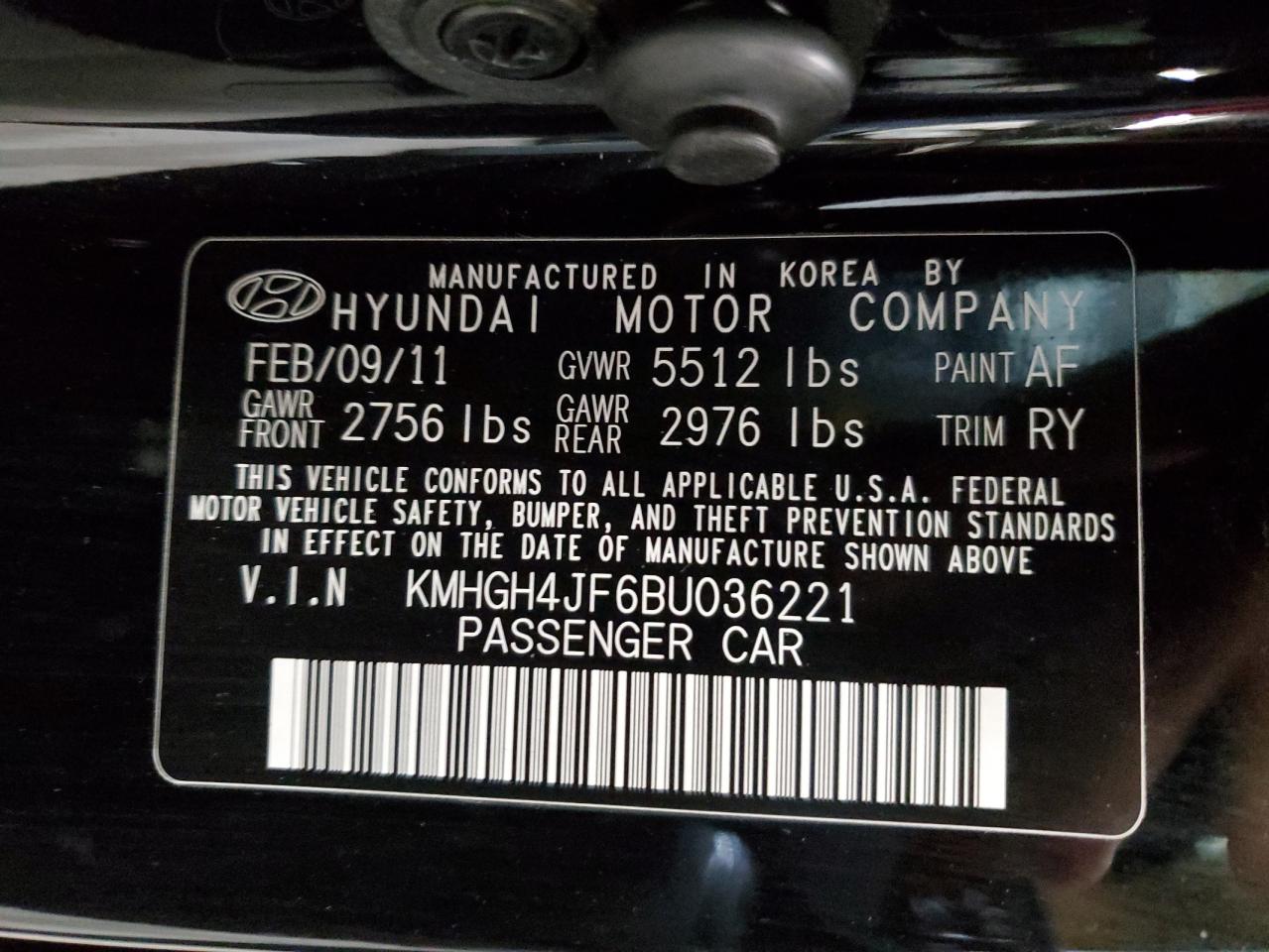 2011 Hyundai Equus Signature VIN: KMHGH4JF6BU036221 Lot: 65474785