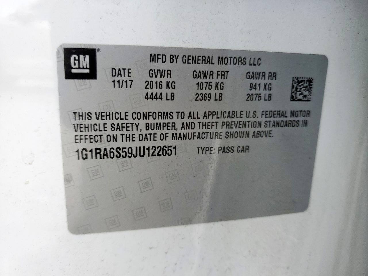 2018 Chevrolet Volt Lt VIN: 1G1RA6S59JU122651 Lot: 63567775