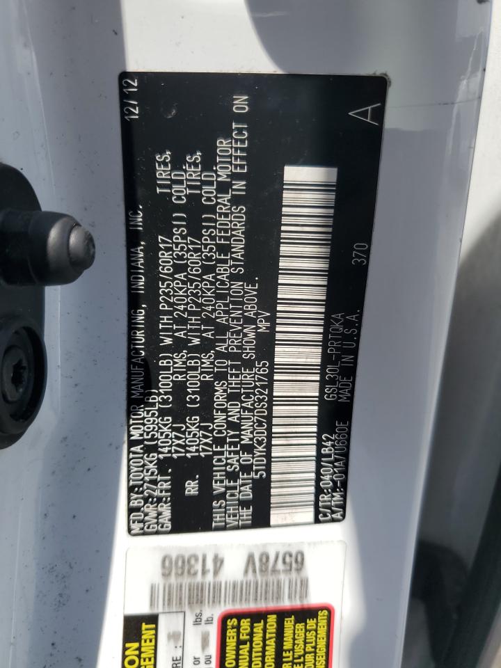 2013 Toyota Sienna Xle VIN: 5TDYK3DC7DS321765 Lot: 64584665