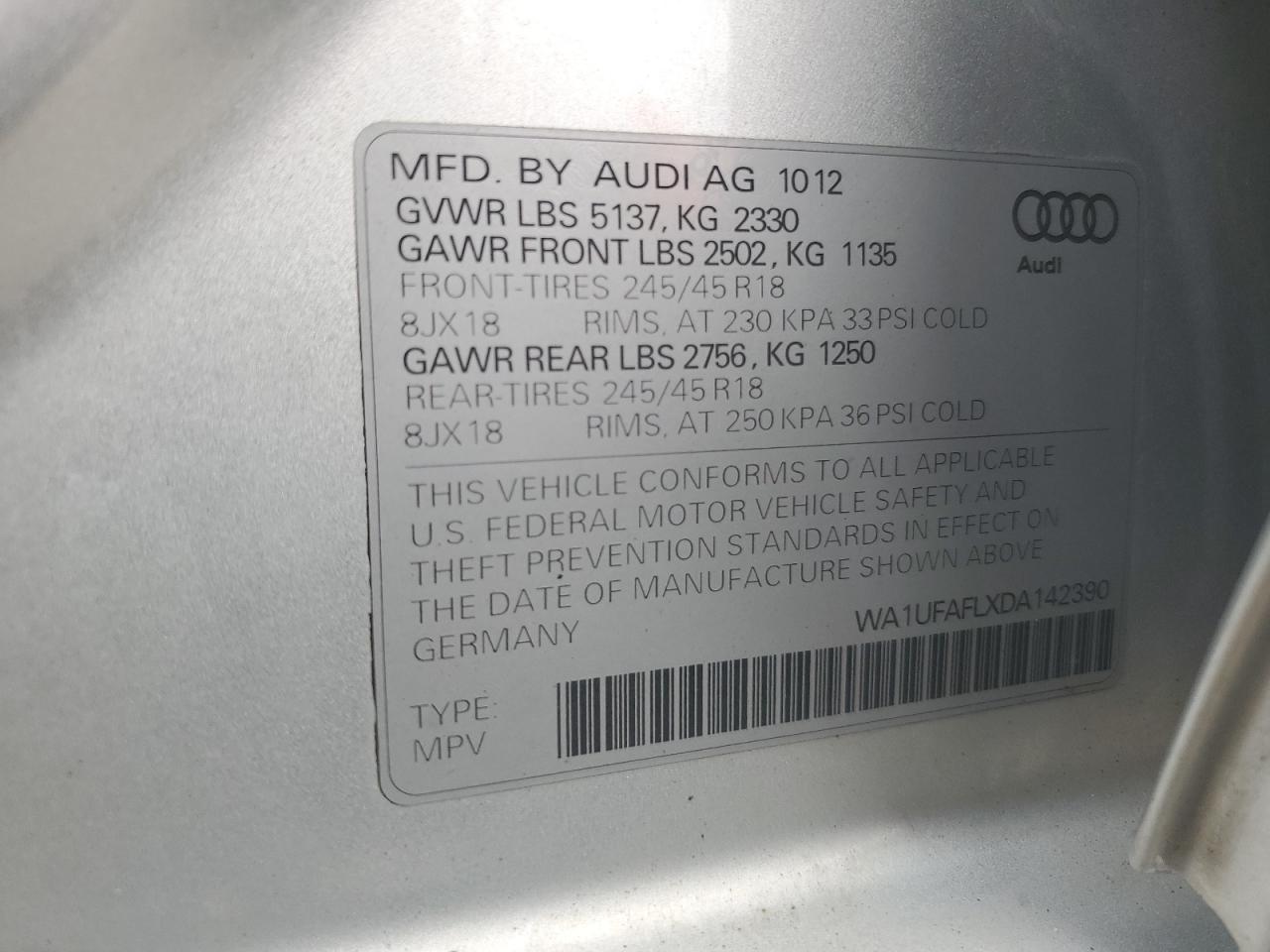 2013 Audi A4 Allroad Premium Plus VIN: WA1UFAFLXDA142390 Lot: 64086445