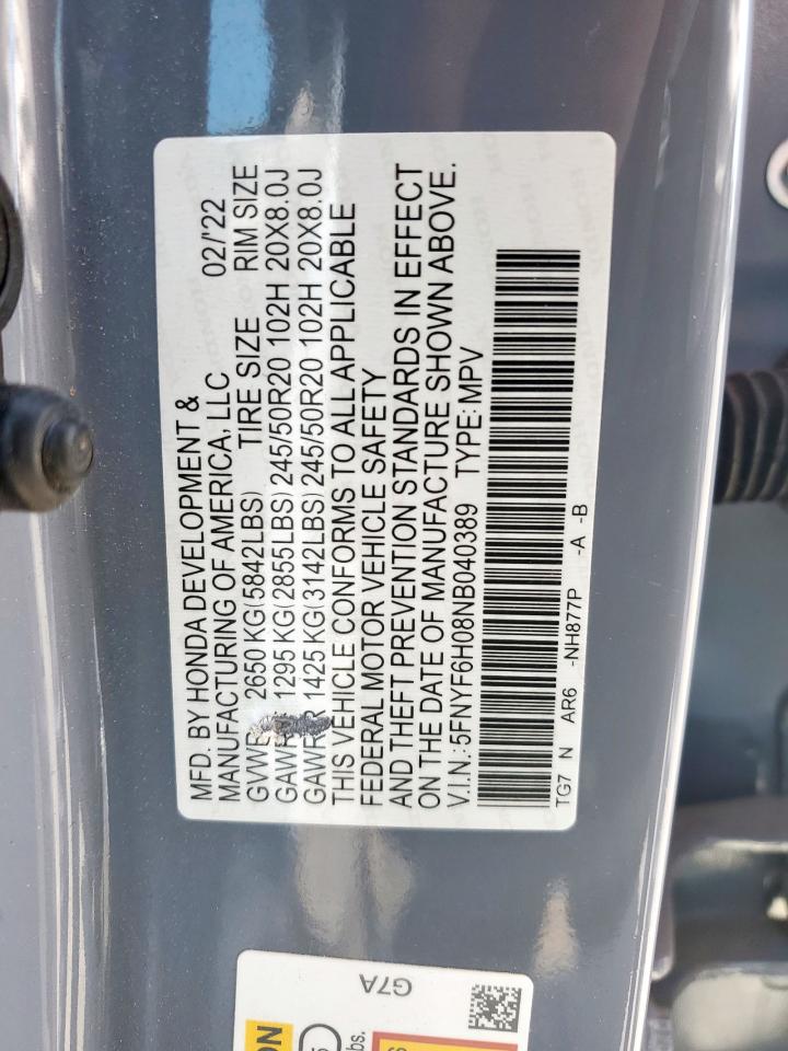 2022 Honda Pilot Elite VIN: 5FNYF6H08NB040389 Lot: 64521795