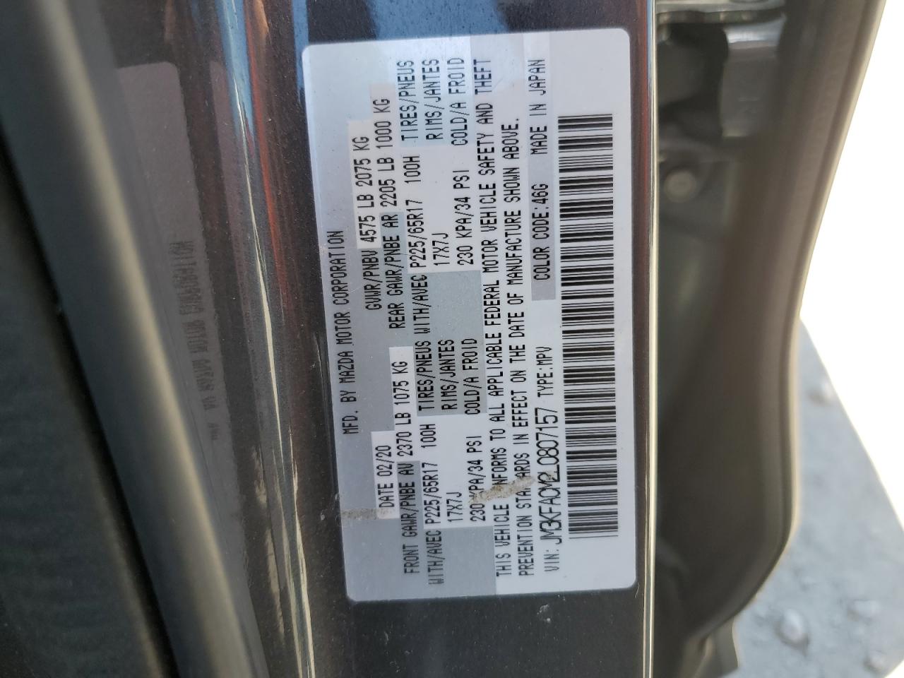 2020 Mazda Cx-5 Touring VIN: JM3KFACM2L0807157 Lot: 64254945