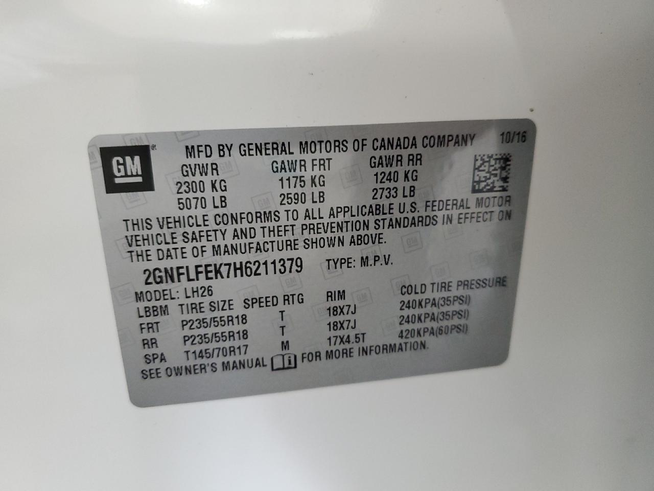 2017 Chevrolet Equinox Lt VIN: 2GNFLFEK7H6211379 Lot: 64093295