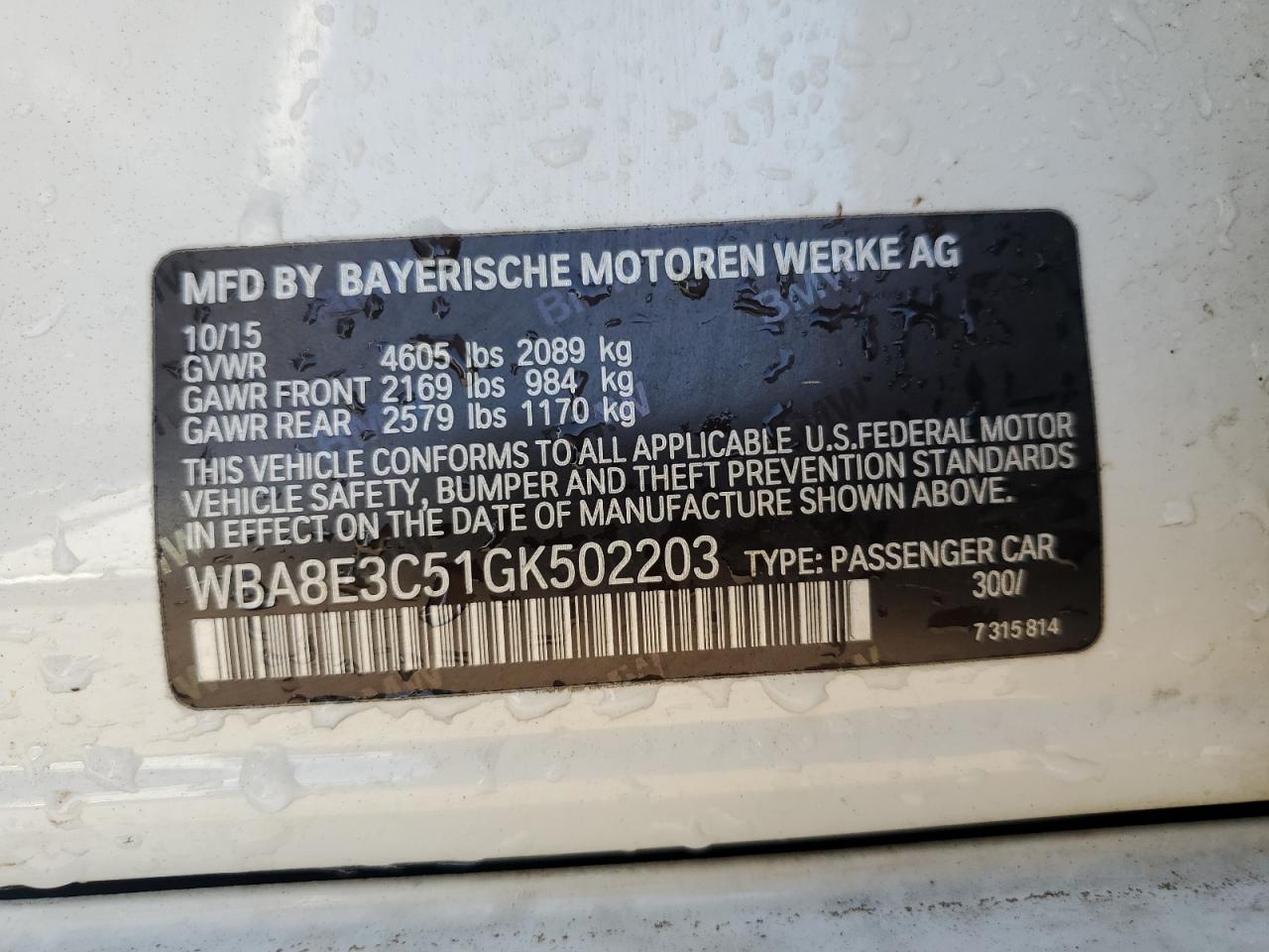 2016 BMW 328 Xi Sulev VIN: WBA8E3C51GK502203 Lot: 63211775