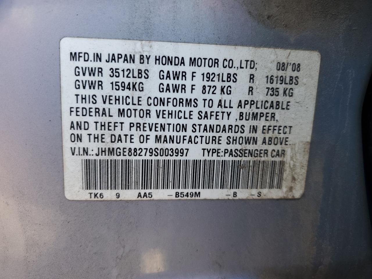 2009 Honda Fit VIN: JHMGE88279S003997 Lot: 63923075