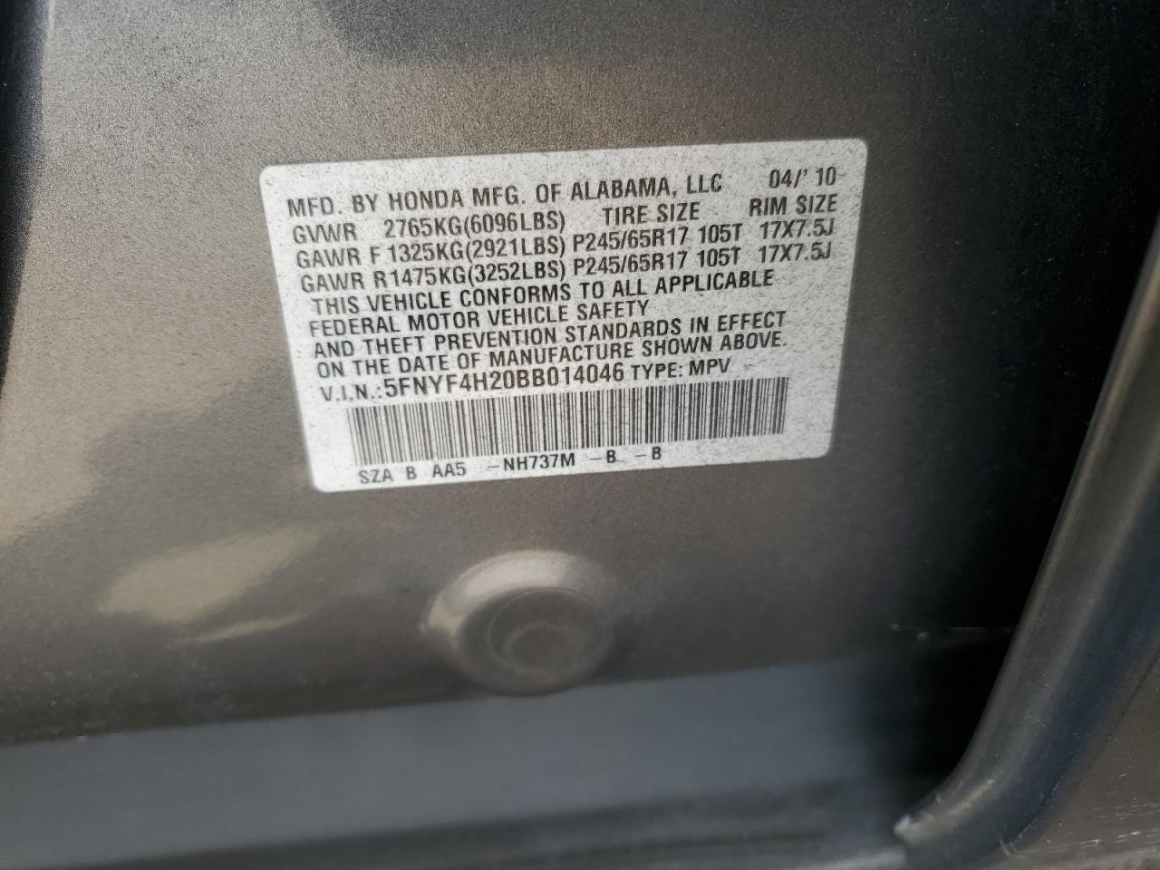 2011 Honda Pilot Lx VIN: 5FNYF4H20BB014046 Lot: 65341565