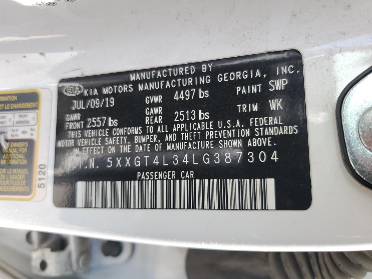 2020 Kia Optima Lx VIN: 5XXGT4L34LG387304 Lot: 65021525