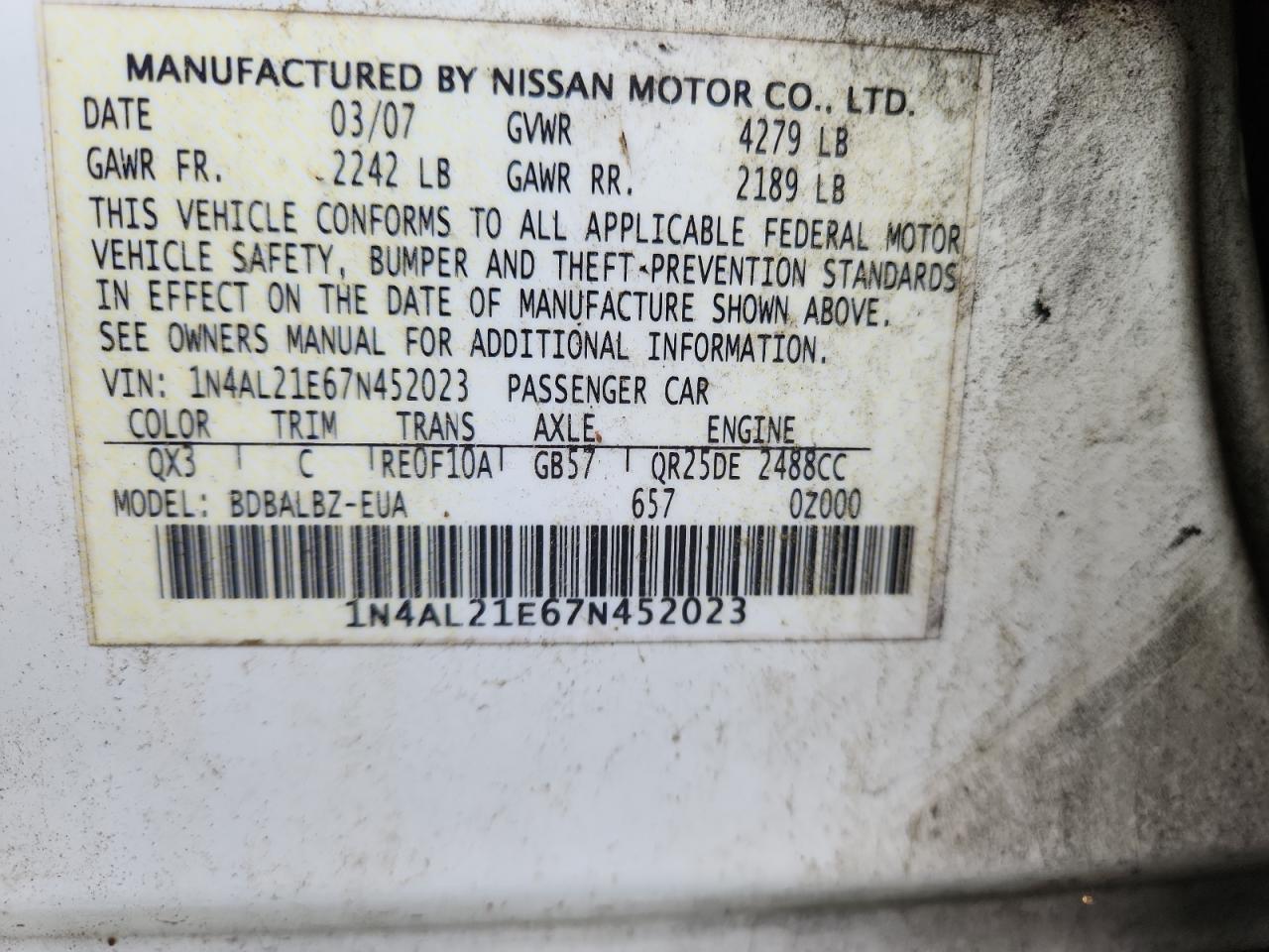 2007 Nissan Altima 2.5 VIN: 1N4AL21E67N452023 Lot: 64147005