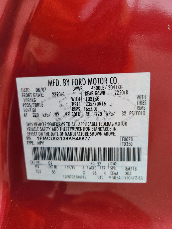2008 Ford Escape Xlt VIN: 1FMCU03138KB46877 Lot: 64372785