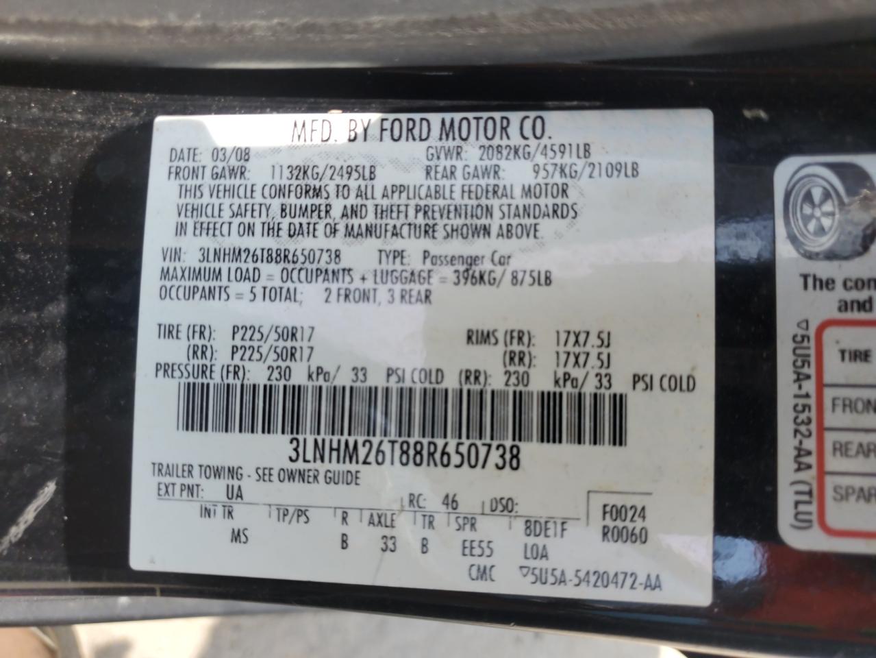 2008 Lincoln Mkz VIN: 3LNHM26T88R650738 Lot: 66902865