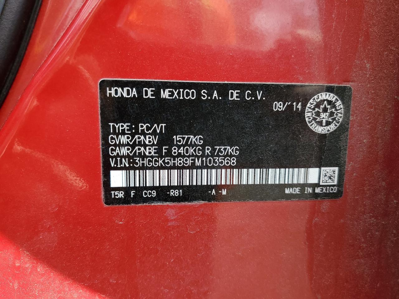 2015 Honda Fit Ex VIN: 3HGGK5H89FM103568 Lot: 63992355