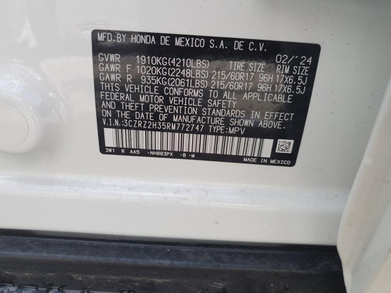 2024 Honda Hr-V Lx VIN: 3CZRZ2H35RM772747 Lot: 64306995