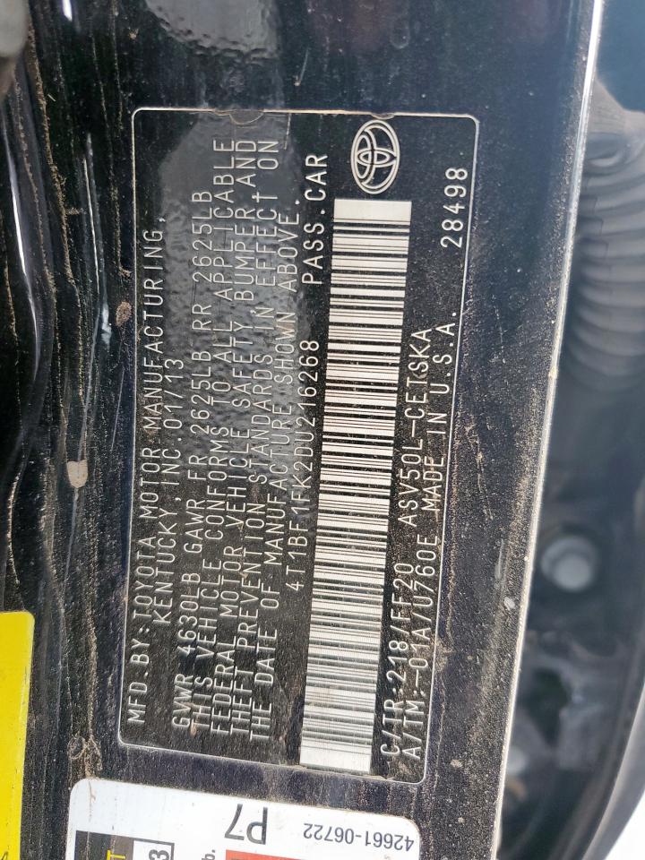 2013 Toyota Camry L VIN: 4T1BF1FK2DU216268 Lot: 63641135