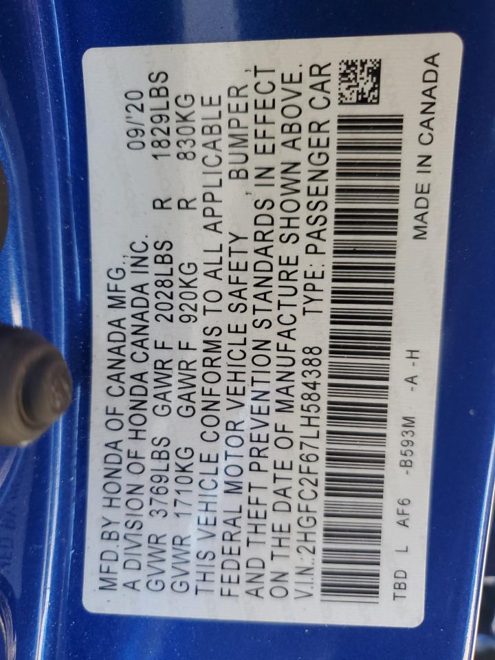 2020 Honda Civic Lx VIN: 2HGFC2F67LH584388 Lot: 63146485
