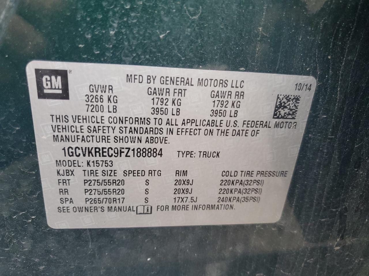 2015 Chevrolet Silverado K1500 Lt VIN: 1GCVKREC9FZ188884 Lot: 65210425