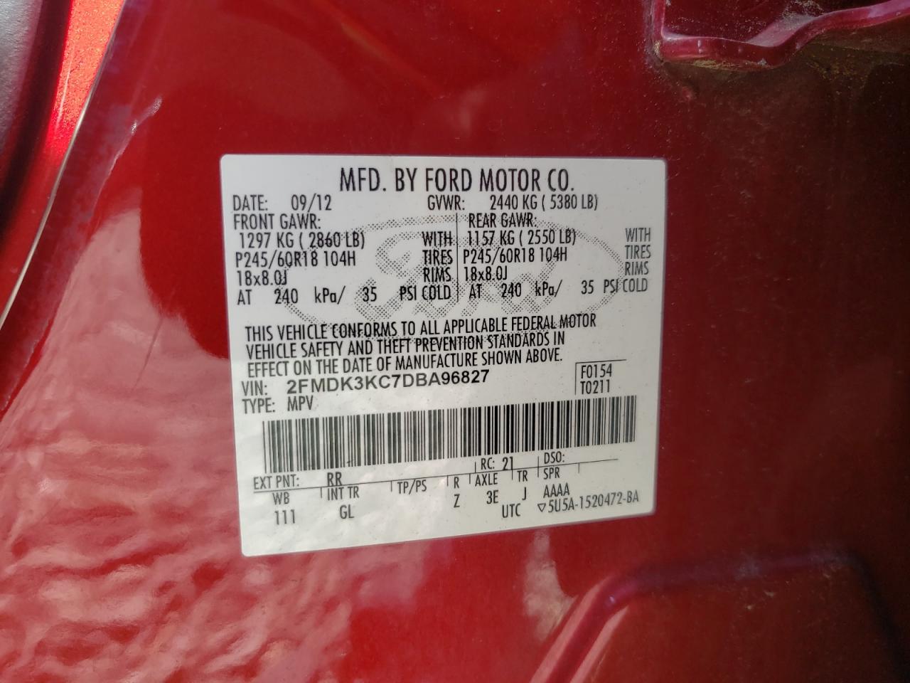 2013 Ford Edge Limited VIN: 2FMDK3KC7DBA96827 Lot: 64734865