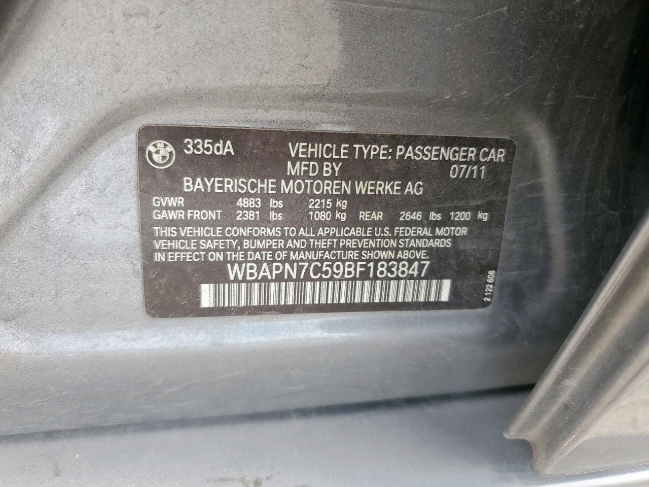 2011 BMW 335 D VIN: WBAPN7C59BF183847 Lot: 65188485